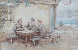 Frank Dadd (1851-1929), watercolour, Sailors outside The Old Jolly Sailor, signed and dated 1923, 11 x 16.5cm. Condition - fair to good